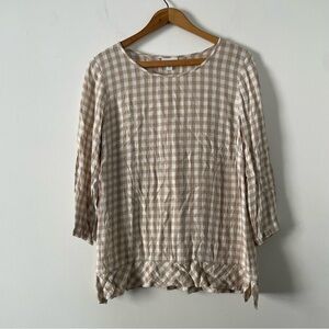 J. Jill Beige and White Gingham 3/4 Sleeve Top Size Medium